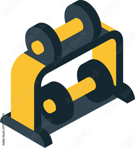 An isometric illustration of two black and yellow dumbbells resting on a matching yellow and black rack.