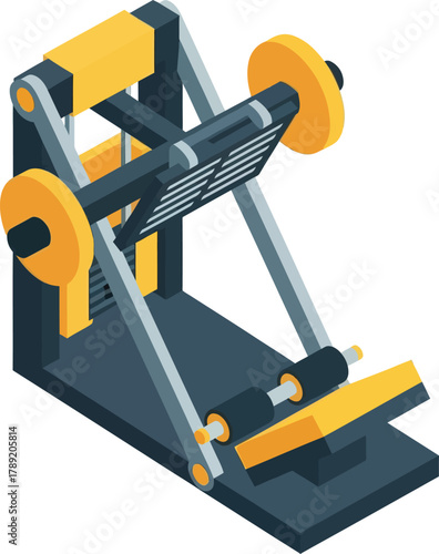 Isometric illustration of a leg press machine with yellow and gray accents.