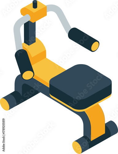 Isometric vector illustration of a yellow and black abdominal crunch exercise machine for core workouts.
