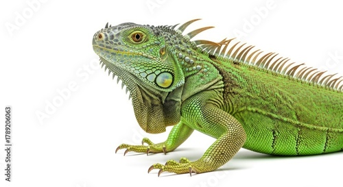 Wallpaper Mural A vibrant green reptile an iguana is captured in a close-up side profile against a pristine white background showcasing its intricate scales spiky crest and watchful eye Torontodigital.ca