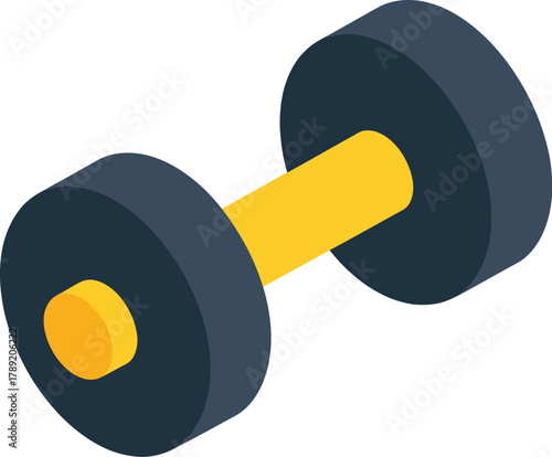 A simple isometric illustration of a single dumbbell with a yellow handle and black weights on each end.