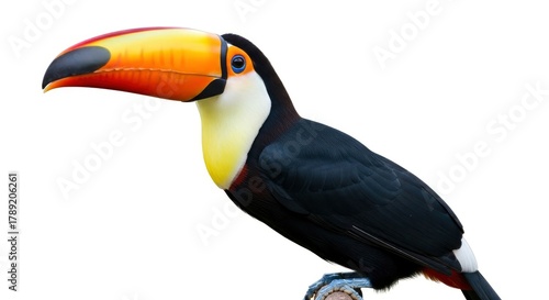 A vibrant toucan with a large orange yellow and black beak black plumage a white and yellow chest and a blue eye ring perched against a white background