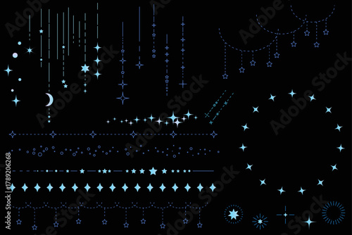星空をイメージしたシンプルな飾り罫線・ラインのイラストセット　キラキラ　点線