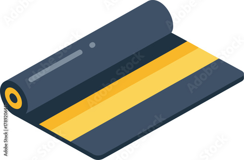 An isometric illustration of a partially unrolled roll of black roofing material with a yellow center stripe.