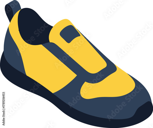 A yellow and navy blue athletic shoe with a dark sole and a loop at the heel.