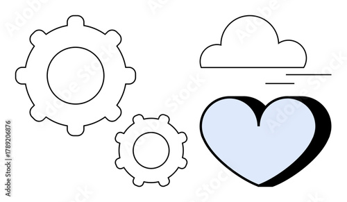 Two simple gear shapes, a soft blue heart, and a floating cloud with lines representing movement. Ideal for teamwork, technology, efficiency, positivity, balance innovation and creativity. A simple