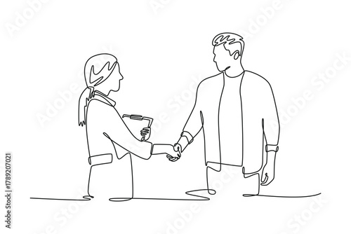 Doctor and patient shaking hands. Doctor and patient concept. Single line draw design. Vector graphic illustration