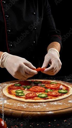 Chef Preparing Pizza with Tomato and Jalapeno Toppings