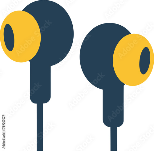 A pair of dark blue and yellow in-ear headphones illustrated in a flat vector style on a plain background.