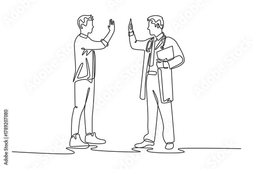 a male student and a male doctor gesturing high-five. Doctor and patient concept. Single line draw design. Vector graphic illustration