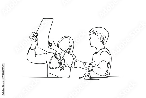 Female senior pediatrician showing x-ray of wrist and hand to little boy patient. Doctor and patient concept. Single line draw design. Vector graphic illustration