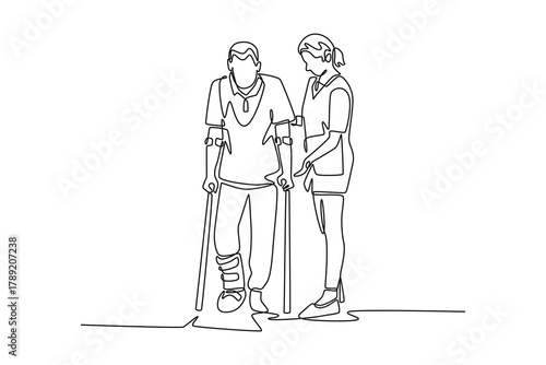 Injured patient in a leg brace exercising. Doctor and patient concept. Single line draw design. Vector graphic illustration