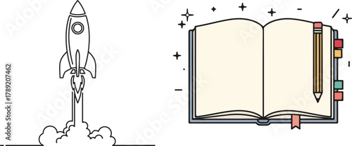 Line Art Rocket Launch and Colorful Open Notebook with Pencil Stars