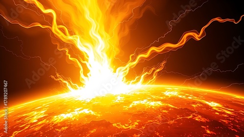 Abstract solar surface erupting in color-shifting plasma tendrils from yellow to white.