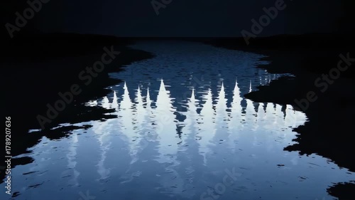River with reflected, stylized trees against a dark sky. Reflective water