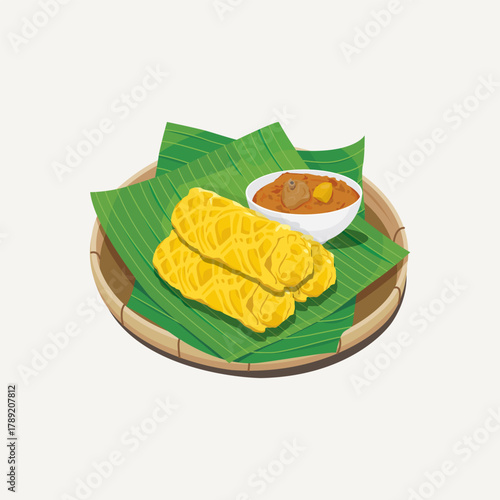 Vector illustration of Malaysia famous food, Roti Jala or Roti Kirai served with chicken curry on banana leaves and bamboo plate