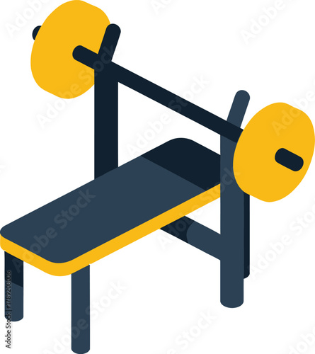 A stylized isometric illustration of a weight bench with a barbell and yellow weight plates, commonly used for strength training in a gym.