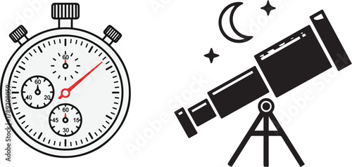 Simple Vector Stopwatch and Telescope Graphics on White Background