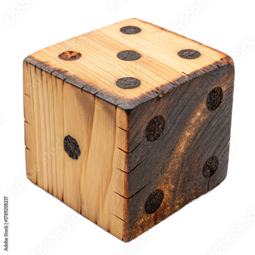 Rustic wooden dice with burned accents, representing chance, luck, and game night fun, perfect for creative projects.