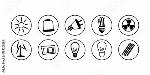 Illustration of ten energy source icons including solar panel wind turbine and nuclear energy in circles on transparent background