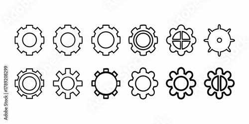 Collection of ten different gear shapes with varying tooth counts and designs in black outline style on transparent background