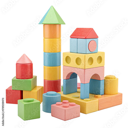 Vibrant wooden building blocks create imaginative castle structures for endless creative play and early childhood development fun
