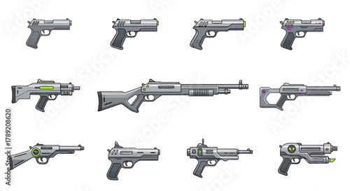 Diverse Collection of Stylized Modern and Futuristic Firearms Illustrations for Gaming, Graphic Design, and Digital Media Projects