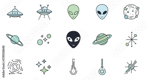 Collection of minimalist line art icons for science fiction themes including extraterrestrial life and cosmic objects