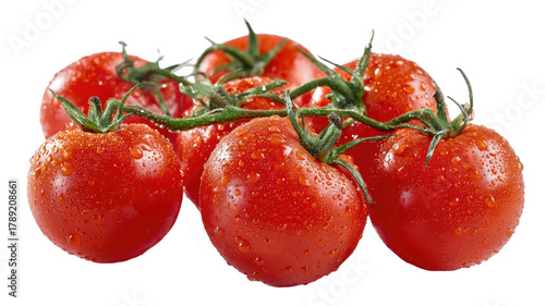 Fresh ripe red tomatoes on vine covered with water droplets showing vibrant color and natural juicy texture isolated on white background
