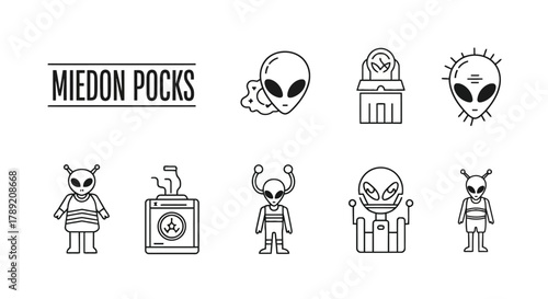 Diverse collection of extraterrestrial beings and futuristic spaceship line art icons, ideal for sci-fi concept designs and cosmic exploration themes