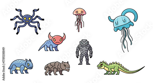 Collection of fantasy monsters, mythical creatures, and cartoon beasts with unique designs for creative projects