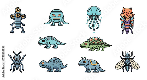 Collection of Unique Alien and Creature Icons in a Fun and Whimsical Style for Digital Design