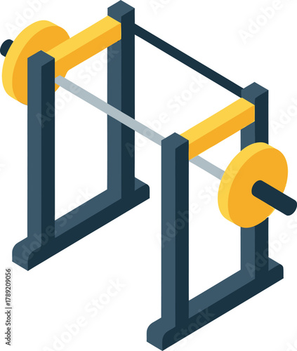 Isometric illustration of a squat rack with a barbell and weights for strength training and fitness.