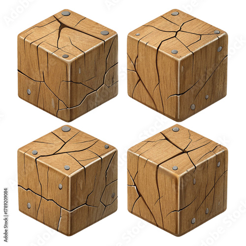 Four weathered wooden cubes with metal rivets and prominent cracks create a textured, rustic visual for design projects.