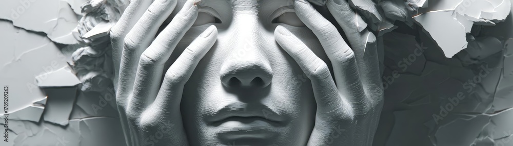 Fototapeta premium Minimalist Sculpture of cracked head holding face symbolizing stress concept. A person expressing intense emotion while breaking through barriers.