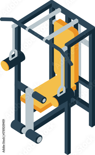 Isometric illustration of a multi-station home gym weight machine with black frame and yellow padding for strength training exercises.