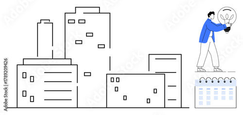 Minimalist cityscape, person holding a large lightbulb, small calendar. Ideal for innovation, urban planning, creativity, future city concepts, strategy vision business development. Simple flat