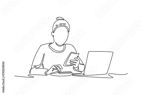 woman manages finances at home, using a calculator and laptop. Budget planning concept. Single line draw design. Vector graphic illustration