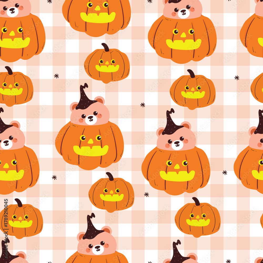 Naklejka premium seamless pattern cute cartoon bear inside halloween pumpkin in checkered background