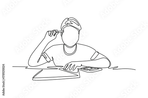 Young woman wife in budget planning. Budget planning concept. Single line draw design. Vector graphic illustration