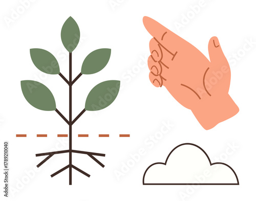 Plant with roots beneath soil, guiding hand gesture, and cloud. Ideal for sustainability, ecology, growth, farming, nurturing education and nature conservation themes. Simple flat metaphor