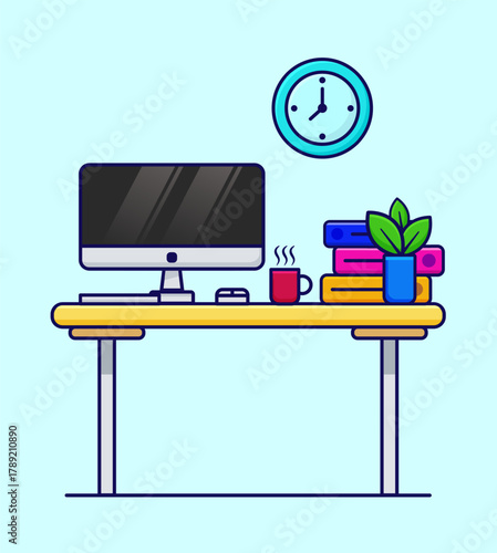 Minimalist Home Office Desk with Computer and Books Illustrations