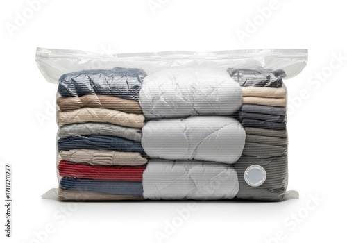 Vacuum-sealed clear plastic bag filled with neatly folded garments and quilted items resting on a white surface