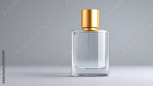 Perfume fragrance glass bottle minimal gold cap mockup studio luxury transparent clean design Sleek glass perfume bottle with gold cap neutral background, minimal luxury mockup studio light