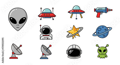 A vibrant collection of cartoon space icons featuring aliens, astronauts, and futuristic flying saucers, perfect for sci-fi themes and cosmic adventures