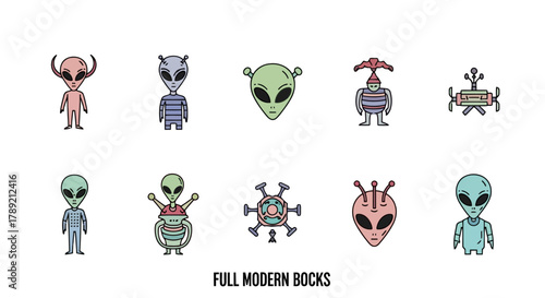 Modern alien icons for space, futuristic designs, and extra-terrestrial creature illustrations