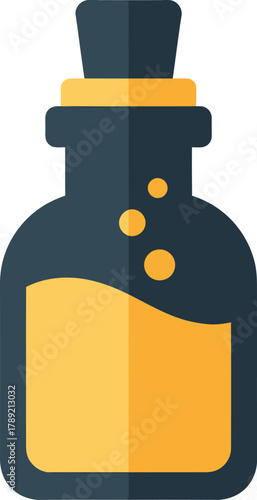 A flat design vector icon of a dark potion bottle with a cork stopper and bubbling yellow liquid inside.
