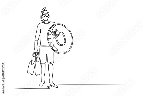 excited guy tourist swimmer hold underwater mask breathing tube flippers pink lifebuoy. Travel experience concept. Single line draw design. Vector graphic illustration