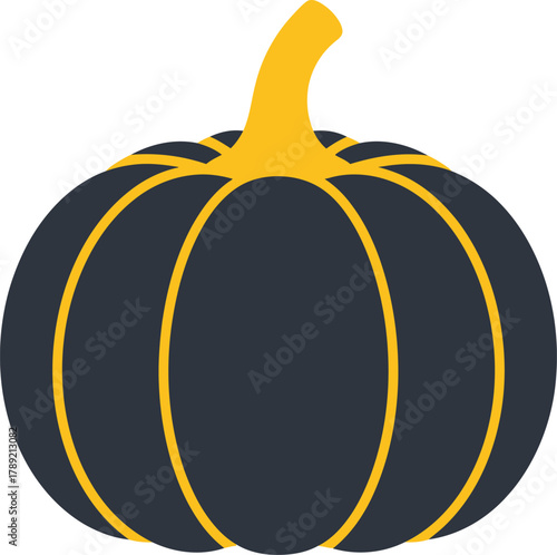 A stylized illustration of a dark gray or black pumpkin with bright yellow ribs and a yellow stem.