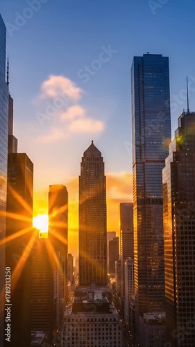 Cityscape At Sunrise Through Skyscrapers Blue Sky Clouds Orange Glow